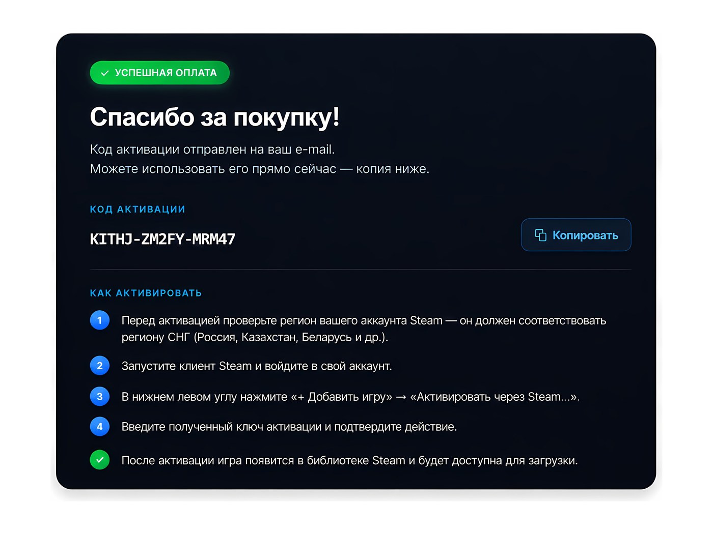 Код активации и инструкция приходят на e-mail